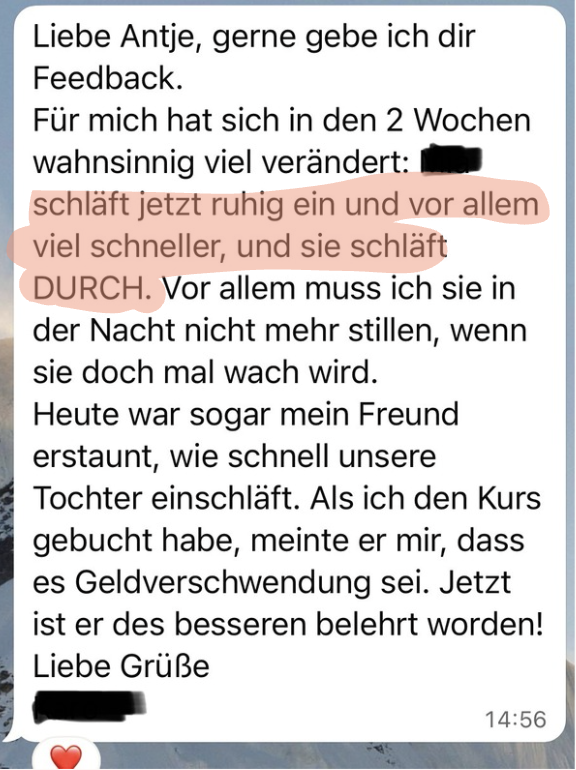 WhatsApp-Nachricht einer Kundin: nach 2 Wochen schläft ihr Kind viel schneller und durch