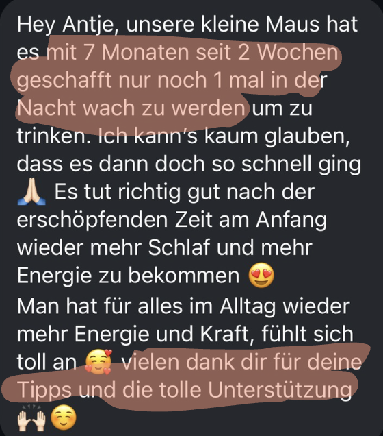 WhatsApp-Nachricht einer Kundin: nach 7 Monaten schläft die Kleine erstmals durch, mehr Schlaf und Energie