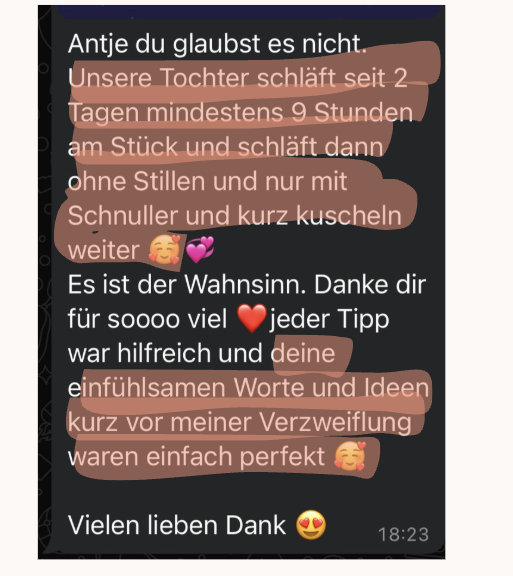 WhatsApp-Nachricht einer Kundin: Tochter schläft seit 2 Tagen mindestens 9 Stunden am Stück