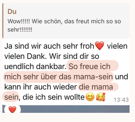 WhatsApp-Nachricht einer Kundin: so dankbar, freut sich sehr über das Mama-Sein
